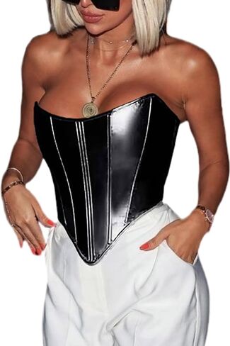 ABMOIU Leather Corset Tops for Women Strapless Lace Up Boned Sweetheart Neck Bodyshaper Bustier Sexy Crop Top in Kuwait