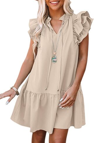 Dokotoo Womens 2023 Summer V-Neck Drawstring Ruffle Cap Short Sleeve Side Pockets Mini Dress Sundress in Kuwait
