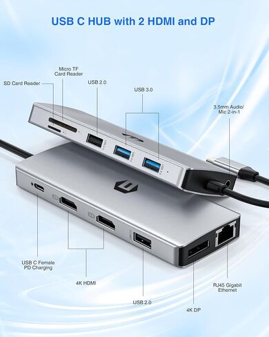 USB C HUB, TOTU 13 in 1 Type C Hub Dongle Adapter with 4K Dual HDMI&DP, 75W PD, Triple Display Docking Station for USB C Laptops and Other Type C Devices in Saudi Arabia