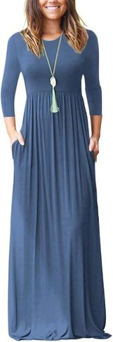 WNEEDU Women's 3/4 Sleeve Loose Casual Long Maxi Dresses with Pockets in Kuwait