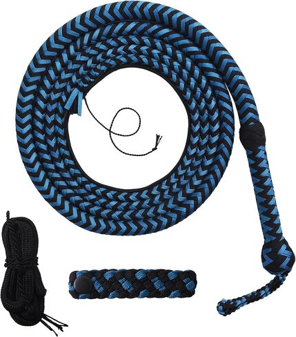 سوط ثور بطول 6 أقدام و12 ضفيرة - سوط حبل ثور باللونين الأزرق الفاتح والأسود مع حامل حزام للسوط وملحقات السوط - سوط باراكورد للمحترفين وراكبي الخيل in Kuwait