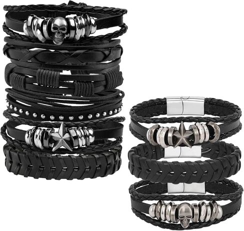 milakoo الشرير مضفر الأساور الجلدية للرجال النساء الفولاذ المقاوم للصدأ المشبك روك راكب الدراجة النارية القوطي المعصم جمجمة الهيكل العظمي نجمة الخماسي المسامير رصع الملحقات التفاف المعصم للجنسين حجم قابل للتعديل in Kuwait