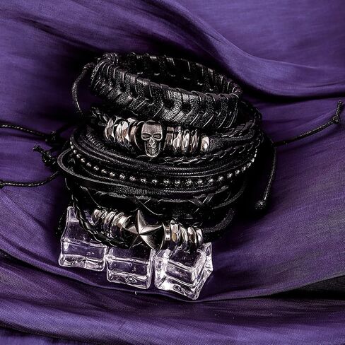 milakoo الشرير مضفر الأساور الجلدية للرجال النساء الفولاذ المقاوم للصدأ المشبك روك راكب الدراجة النارية القوطي المعصم جمجمة الهيكل العظمي نجمة الخماسي المسامير رصع الملحقات التفاف المعصم للجنسين حجم قابل للتعديل in Kuwait