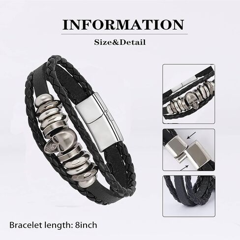 milakoo الشرير مضفر الأساور الجلدية للرجال النساء الفولاذ المقاوم للصدأ المشبك روك راكب الدراجة النارية القوطي المعصم جمجمة الهيكل العظمي نجمة الخماسي المسامير رصع الملحقات التفاف المعصم للجنسين حجم قابل للتعديل in Kuwait