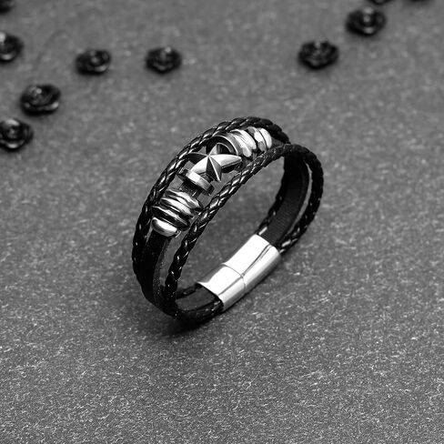 milakoo الشرير مضفر الأساور الجلدية للرجال النساء الفولاذ المقاوم للصدأ المشبك روك راكب الدراجة النارية القوطي المعصم جمجمة الهيكل العظمي نجمة الخماسي المسامير رصع الملحقات التفاف المعصم للجنسين حجم قابل للتعديل in Kuwait