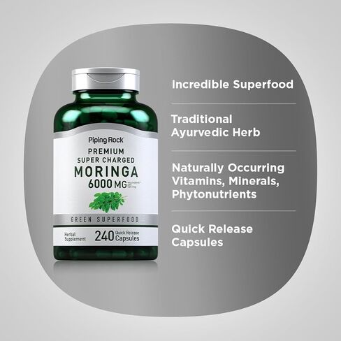 Piping Rock Moringa Oleifera Capsules 6000mg | 240 Count | Leaf Concentrated Extract | Herbal Supplement | Non-GMO, Gluten Free in Saudi Arabia