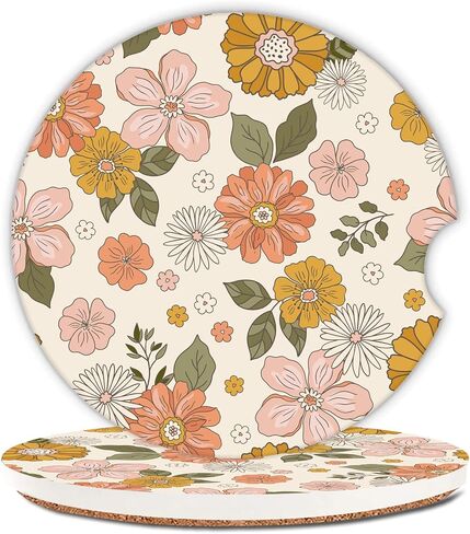 Abstract spring flowers Car Coasters,Ceramic Absorbent Cup Holders with Finger Notch & Cork Base Car Assecories for Women/Men 2.6"(2 Pieces) in Saudi Arabia