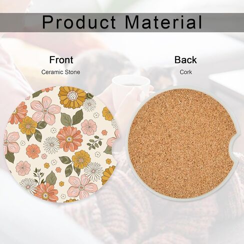 Abstract spring flowers Car Coasters,Ceramic Absorbent Cup Holders with Finger Notch & Cork Base Car Assecories for Women/Men 2.6"(2 Pieces) in Saudi Arabia