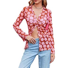 MAOECO Women's Button Down Printed Shirts Sheer Mesh Slim Fit Collared Long Sleeves Blouses Lucky Shirtee Y2K Tops