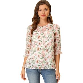 Allegra K Women's Casual Ruffle 3/4 Sleeve Floral Print Chiffon Blouse