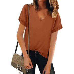 Lynwitkui Women V Neck Chiffon Blouse Short Sleeve Summer Casual Loose Shirt Tops