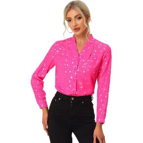 Allegra K Women's Metallic Patterned Blouse V Neck Long Sleeve Gilding Shiny Sparkly Dots Top