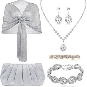 6 Pieces Silver Shawls and Wraps Evening Handbags Rhinestone Jewelry Sets for Women Evening Dresses Bridal Weddings