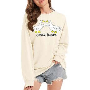 KIEKIECOO Funny Graphic Duck Crewneck Sweatshirts for Women Aesthetic Soft Long Sleeve Pullover Preppy Cute Fall Sweater