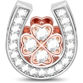 GNOCE "Lucky Horseshoe Golden Flower Shaped Lucky Heart Horseshoe Dangle Bead Charm BWith Crystals Rose Gold Leaf Clover in Horseshoe Sterling Silver Fit Bracelet Necklace Women Girl Gift Pendents