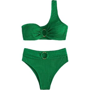 WDIRARA Women's One Shoulder O Ring Cut Out Bikini Swimsuit Bathing Suit Swimwear