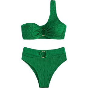 WDIRARA Women's One Shoulder O Ring Cut Out Bikini Swimsuit Bathing Suit Swimwear