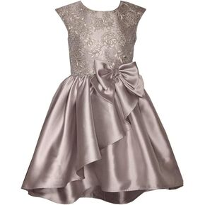 Bonnie Jean Girls 7-16 Taupe-Gray Embroidered Sequins Mikado Bow Dress