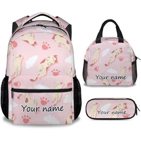 KNOWPHST Cat Backpack with Lunch Box Set for Girls Kids, 3 in 1 Primary Middle School Backpacks Matching Combo, Cute Lightweight Adjustable Straps Pink Bookbag and Pencil Case Bundle