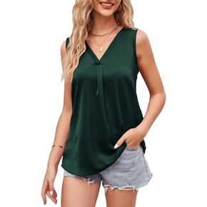 Womens Tank Tops Sleeveless V Neck Cami Shirts Casual Pleated Chiffon Basic Camisole Blouses