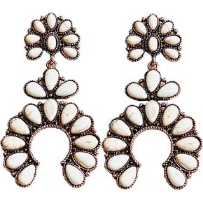 حلق كبير على الطراز الغربي الابيض من نيفيا، اقراط متدلية على شكل زهرة الاسكواش على شكل حدوة حصان متدلية بوهيميان بلون نحاسي اصلي بطول 3 انش، حجر طبيعي، حجر, حجر طبيعي, حجر in Kuwait