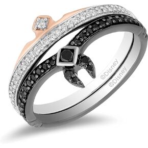 Jewelili Enchanted Disney Fine Jewelry Sterling Silver and 10K Rose Gold 1/4 Cttw Black Heat Treated with Diamond Aurora Duo Set Ring