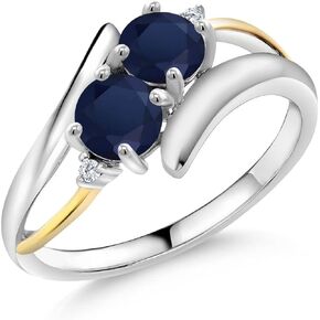 Gem Stone King 925 Sterling Silver and 10K Yellow Gold Round Blue Sapphire and White Lab Grown Diamond 2 Stone Crossover Women Ring (1.22 Cttw, Gemstone Birthstone, Available In Size 5, 6, 7, 8, 9)