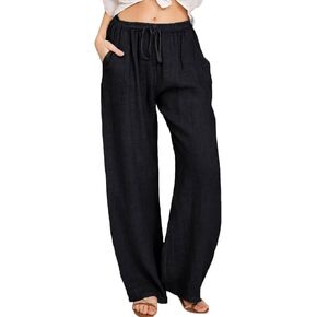 Women's Summer Stretch Waist Wide Leg Loose Lightweight Linen Palazzo Beach Pants