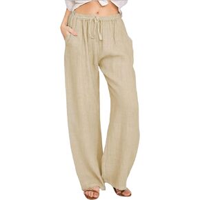 Women's Summer Stretch Waist Wide Leg Loose Lightweight Linen Palazzo Beach Pants