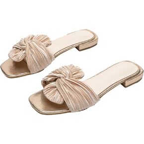 OYOANGLE Women's Glamorous Bow Knot Square Open Toe Flat Sandals Elegant Fashionable Dressy Slides Sandals