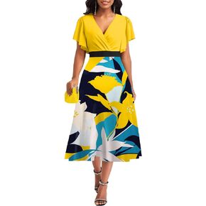 shengfan Women's Summer Short Sleeve Maxi Dresses Casual Deep V Neck Long Dress Club Party A-Line Dress