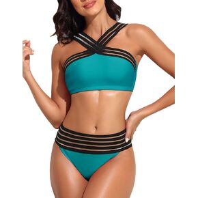 coastal rose Women's Push Up Bikini Swimsuits Two Piece High Waisted Bathing Suits Front Crossover Swimwear