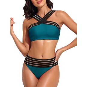 coastal rose Women's Push Up Bikini Swimsuits Two Piece High Waisted Bathing Suits Front Crossover Swimwear