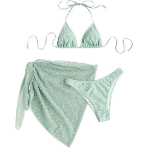 GORGLITTER Women's 3 Piece Floral Swimsuit Tie Back Bikini Set with Wrap Tie Side Beach Skirt