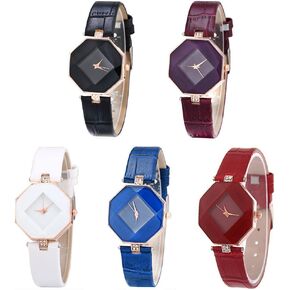 CdyBox Women Girls Leather Watch Diamond Analog Quartz Dress Wristwatch 5 Pack