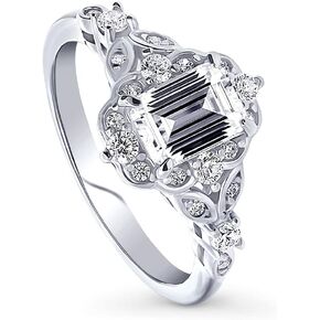 BERRICLE Sterling Silver Halo Wedding Engagement Rings Step Emerald Cut Cubic Zirconia CZ Art Deco Ring for Women, Rhodium Plated Size 4-10