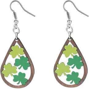 Pingyongchang St. Patrick's Day Earrings Irish Shamrock Rainbow Wood Dangle Drop Earrings Handmade Green Clover Cat Dog Wooden Earrings for Women Girls Holiday Good Lucky Jewelry Gift