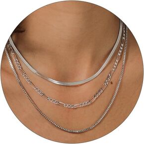 Layered Gold Silver Snake Necklace for Women Trendy Dainty 14k Gold Plated Herringbone Chain Necklace Set Simple Layering Choker Necklaces Non Tarnish Paperclip Cuban Link Chain Jewelry Set