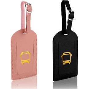 2pcs PU Leather Luggage Tags, Baggage Address Tags with Adjustable Strap & Privacy Protection Cover Suitcase Tags for Couple Suitcases Travelling for Bus (Black, Pink)