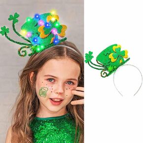JEWEKY Light Up St Patrick's Day Headband Green Shamrock Hat Irish Hair Band Holiday Costume Hair Accessories for Women and Girls