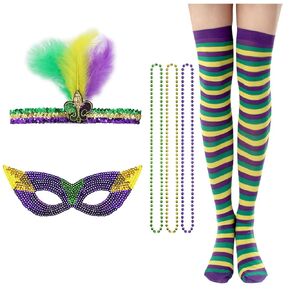 6 Pcs Mardi Gras Feather Headband Purple Green Gold Mask Beads Necklace Stockings Sequins Hair Hoops Bands Headpiece Women Hairband Cosplay Dress Up Masquerade Halloween Birthday Party Accessories