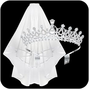 Chanaco زفاف العروس تاج الحجاب الدانتيل للنساء وصيفة الشرف، كريستال تيارا والحجاب الأبيض للفتيات حفلة العازبة، الأميرة أحجار الراين تاج وحجاب الشعر مجموعة اكسسوارات للاستحمام الزفاف in Kuwait
