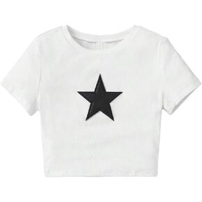 Floerns Girl's Star Print Short Sleeve Crewneck Tee Shirt with Arm Sleeve