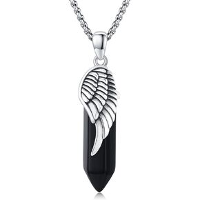 Wing Necklace 925 Sterling Silver Healing Crystal Necklace Angel Wings Crystal Gemstone Tourmaline Obsidian Necklaces Wing Birthday Jewelry for Boys Teens Women Men Valentines Day Gift