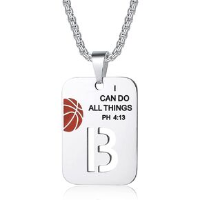 Basketball Necklace for Boys Initial Letter Pendant Necklace Bible Verse I CAN DO All Things Stainless Steel Sport Jewelry for Men