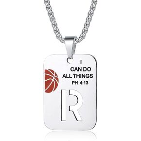 Basketball Necklace for Boys Initial Letter Pendant Necklace Bible Verse I CAN DO All Things Stainless Steel Sport Jewelry for Men in Kuwait