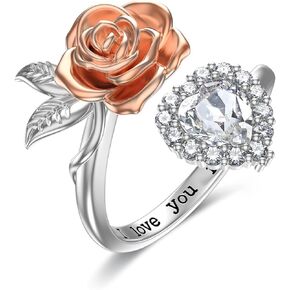 Rose Ring Sterling Silver Rose Flower Heart Ring with Crystal Adjustable Open Ring Promise Ring Gift for Women Teen Girl