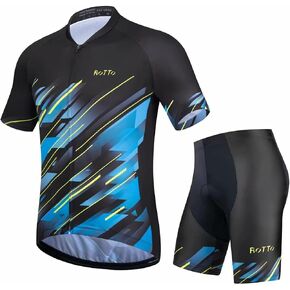 ROTTO Mens Cycling Jersey and Shorts Set Short Sleeve Biking Outfit Bike Clothing and Padded Shorts Suit
