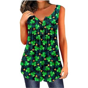 سترة علوية نسائية من Roshop St Patrick's Day Lucky Shamrocks بأربع أوراق البرسيم مطبوعة بأزرار وياقة بدون أكمام ومطويات in Kuwait
