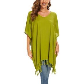 Beautybatik Women Solid Tunic Blouse Caftan Plus Size V neck Loose Sleeve Top XL to 4X